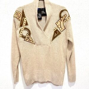 iB Diffusion silk blend ribbed v-neck Beige Sweater with Geometric Design XS